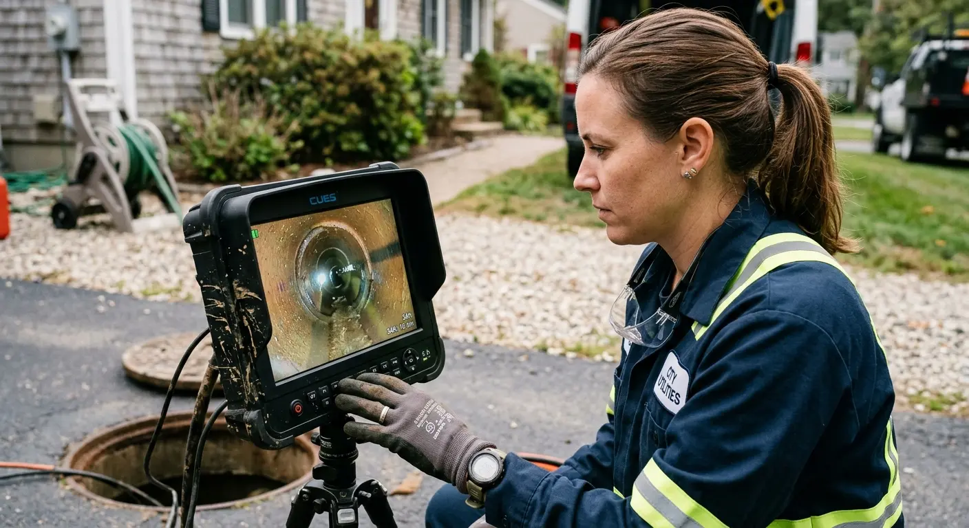 Technician reviewing sewer camera inspection footage in Dublin
