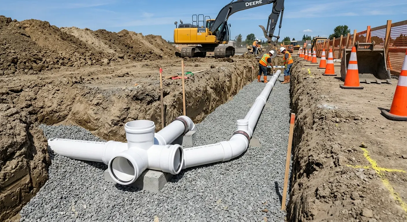 New PVC sewer pipe installation in open trench for Grease Trap Cleaning in Dublin