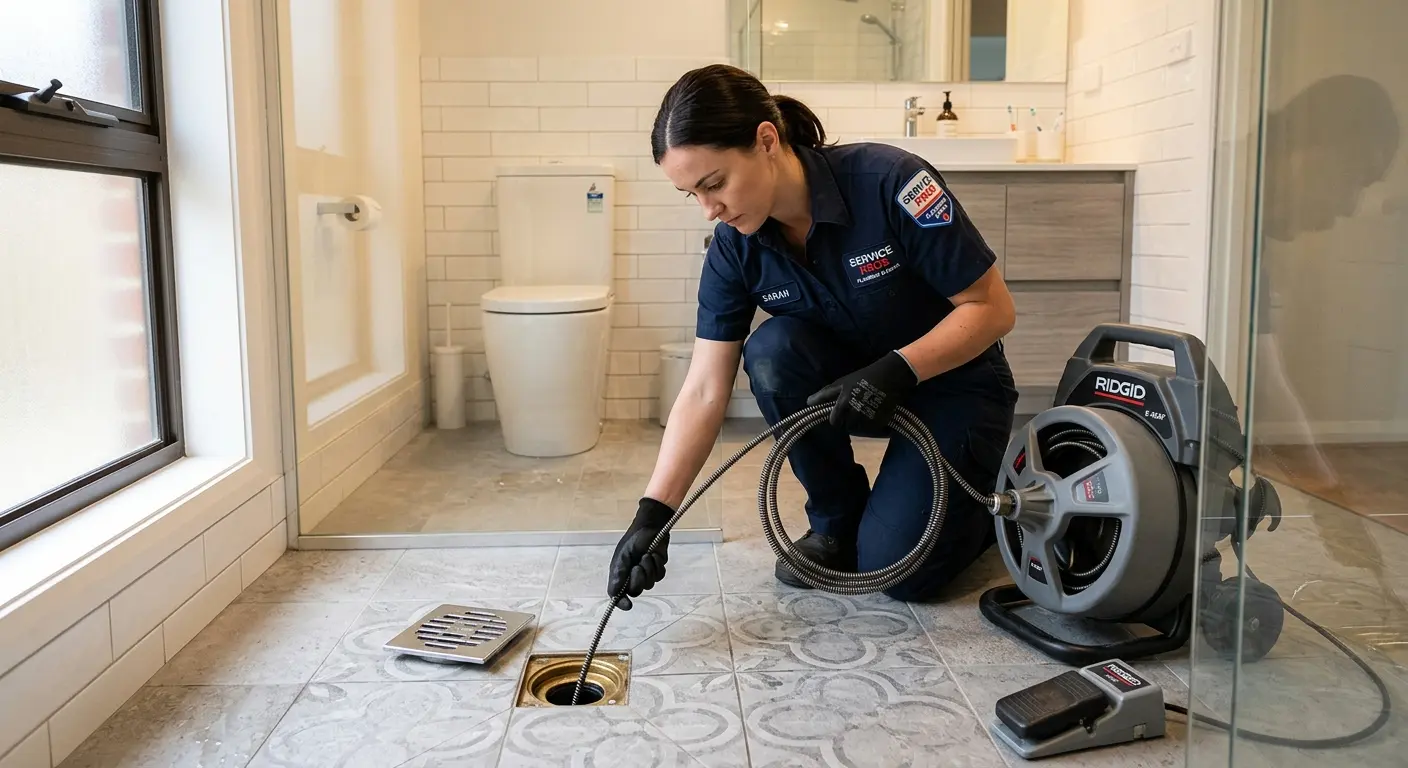 Technician clearing a bathroom floor drain for Sewer Line Replacement in Dublin